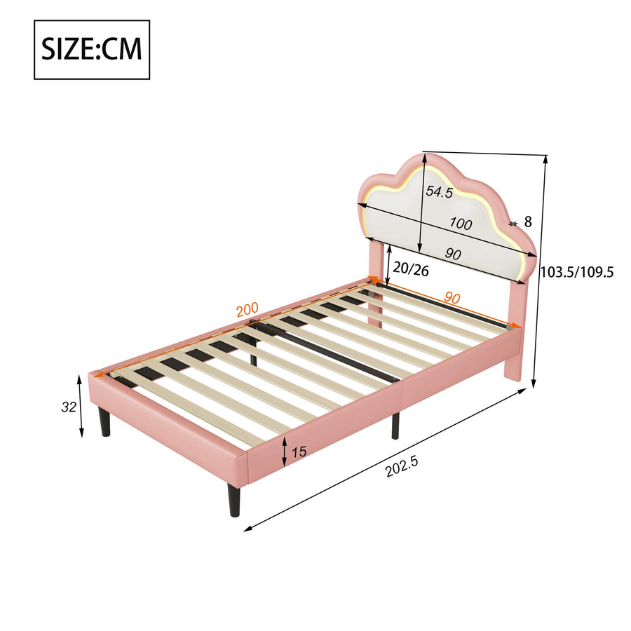 HYNHXBP Kinder-Einzelbettrahmen in Wolkenform mit LED-Ambientebeleuchtung und höhenverstellbarem Kopfteil, rosa PU-Leder, B/T: 90 x 200 cm - Bild 2
