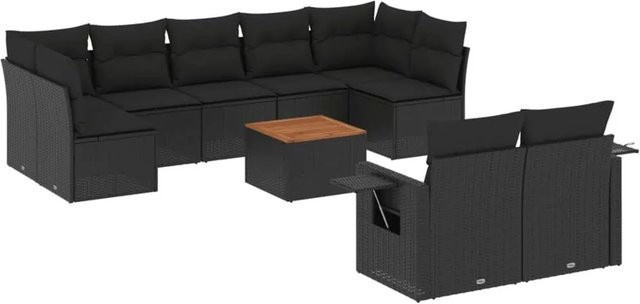 vidaXL 10-tlg. Garten-Sofagarnitur in L-Form aus Poly-Rattan und Akazienholz mit Kissen, Schwarz - Bild 1