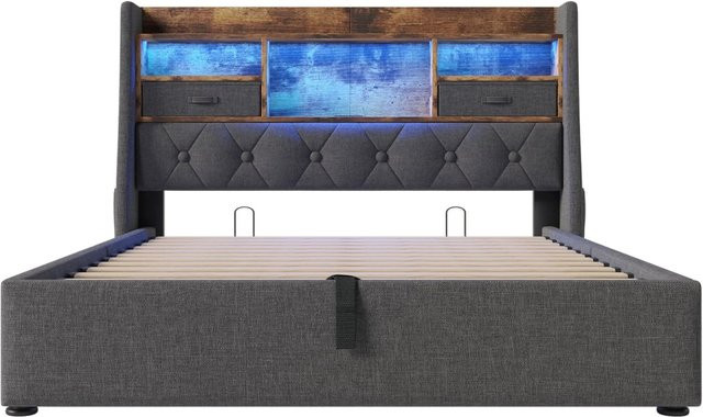 okwish Polsterbett Grau mit LED-Kopfteil, USB-Anschluss und Ablagefächern für Kinderzimmer und Schlafzimmer, B/T/H: 140 x 200 x 102 cm (ohne Matratze) - Bild 1