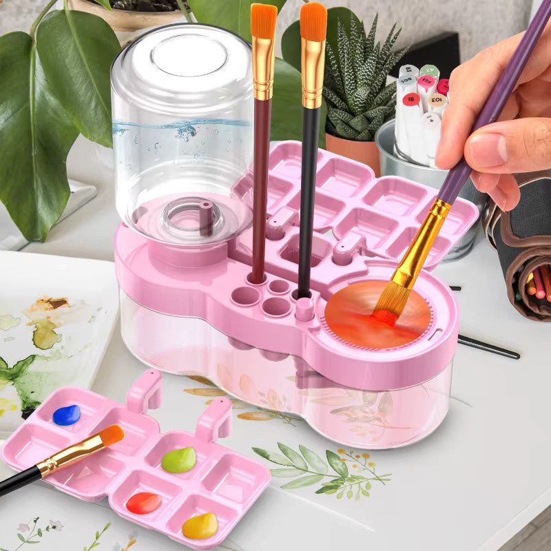 Automatische Pinselwaschmaschine mit Wasserzirkulation und Ablaufknopf für Acryl- und Lackierpinsel auf Wasserbasis in Pink und Lila - Bild 3
