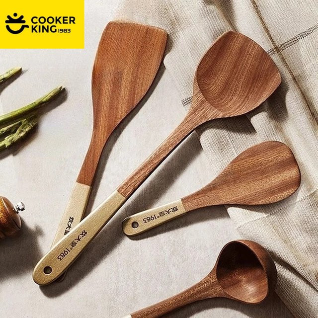 COOKER KING 4-in-1 Küchenutensilien-Set aus Holz in Schwarz und Braun mit Spatel und Löffel - Bild 1