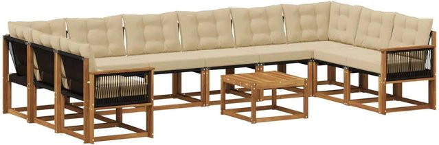 vidaXL Outdoor-Sofagarnitur L-Form aus Massivholz Akazie mit 11 Textilene Kissen in Natur und Beige - Bild 1