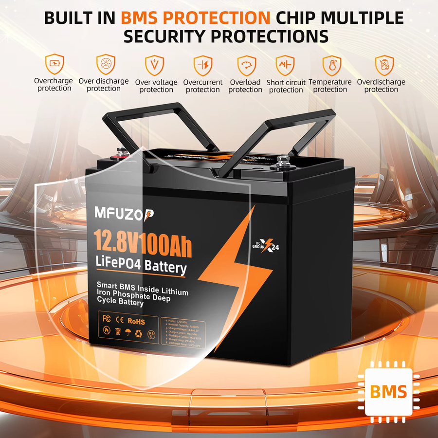 MFUZOP 12V 100Ah Lithium LiFePO4-Batterie mit 100A BMS in Schwarz - Bild 5
