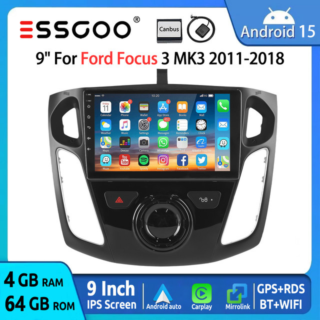 ESSGOO Android 15 Autoradio mit 9 Zoll IPS Touchscreen für Ford Focus MK3 2011-2018, GPS, CarPlay, Android Auto, Bluetooth, WiFi und Lenkradfernbedienung, Schwarz - Bild 1