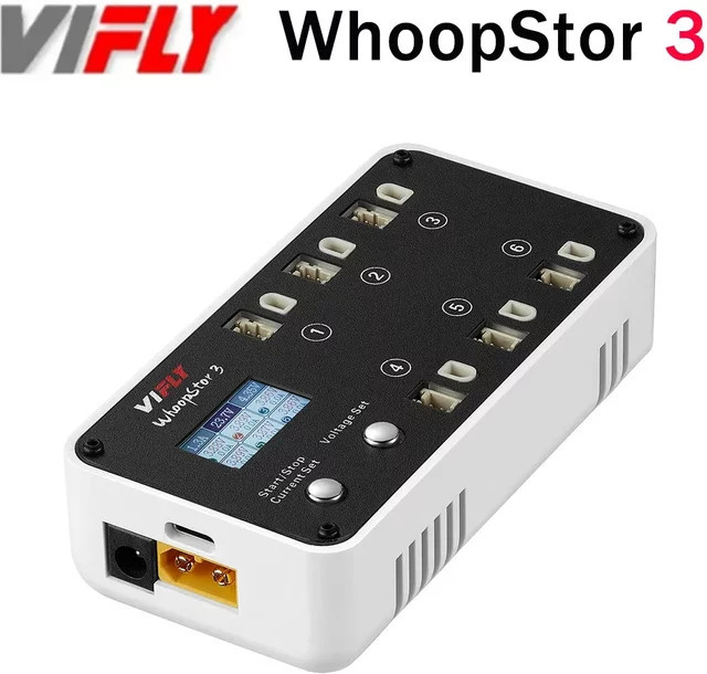 VIFLY WhoopStor 3 V3 1S LIPO Batterieladegerät mit 6 Ports, Entlader und Speicherfunktion für FPV Tinywhoop, BT2.0 und PH2.0, Schwarz - Bild 1
