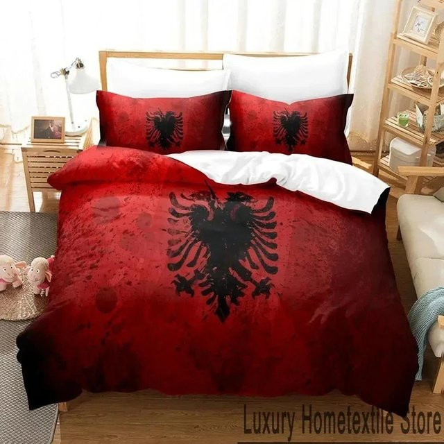 Bettwäscheset Republika Shqiptare mit 3D-Druck in Rot, bestehend aus Bettbezug und Kissenbezug aus Mikrofaser, Größe: 210 x 210 cm - Bild 1