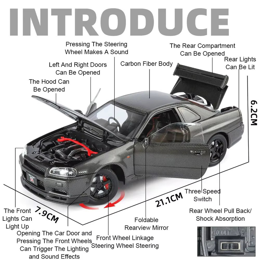 MAKEDA GTR-R34 Sportwagen Modell, 1:24, Metall, mit Licht und Sound - Bild 2