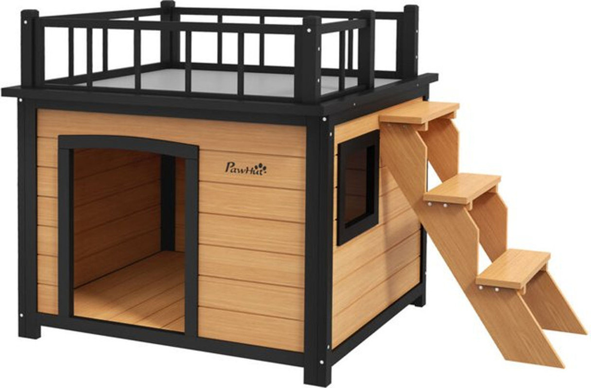 PawHut Hundehütte mit Balkon und Treppe aus Holz, Gelb, B/T/H: 121 x 77 x 78 cm - Bild 1