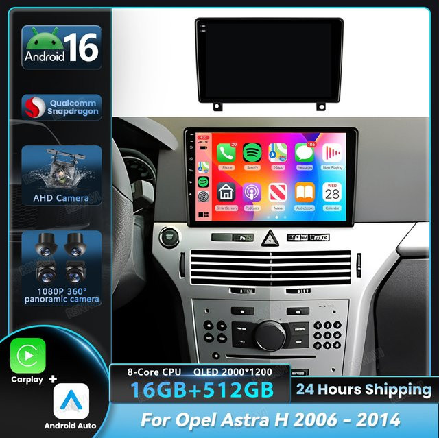 RSNAVI Android 16 Autoradio mit Carplay und GPS Navigation für Opel Astra H 2006 - 2014, 2Din Stereo Multimedia Head Unit, Schwarz - Bild 1
