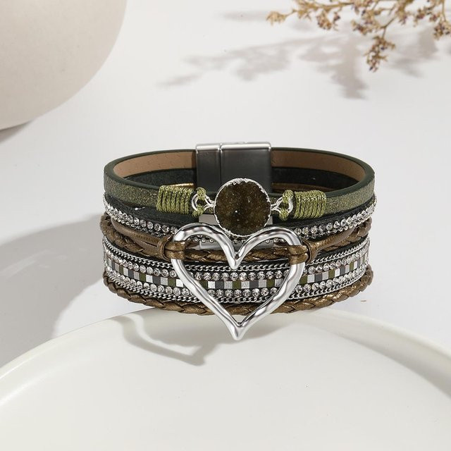 Lederarmband, Metall-Liebesherz-Anhänger, Kristall, Silber, Damen - Bild 1