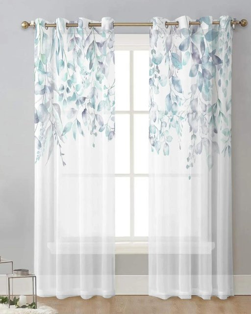 Yiran Furniture Transparente Tüll-Vorhänge mit Aquarell-Blumenmuster in Blau, 2er-Set mit Ösen, Breite: 70 cm, Höhe: 165 cm - Bild 1
