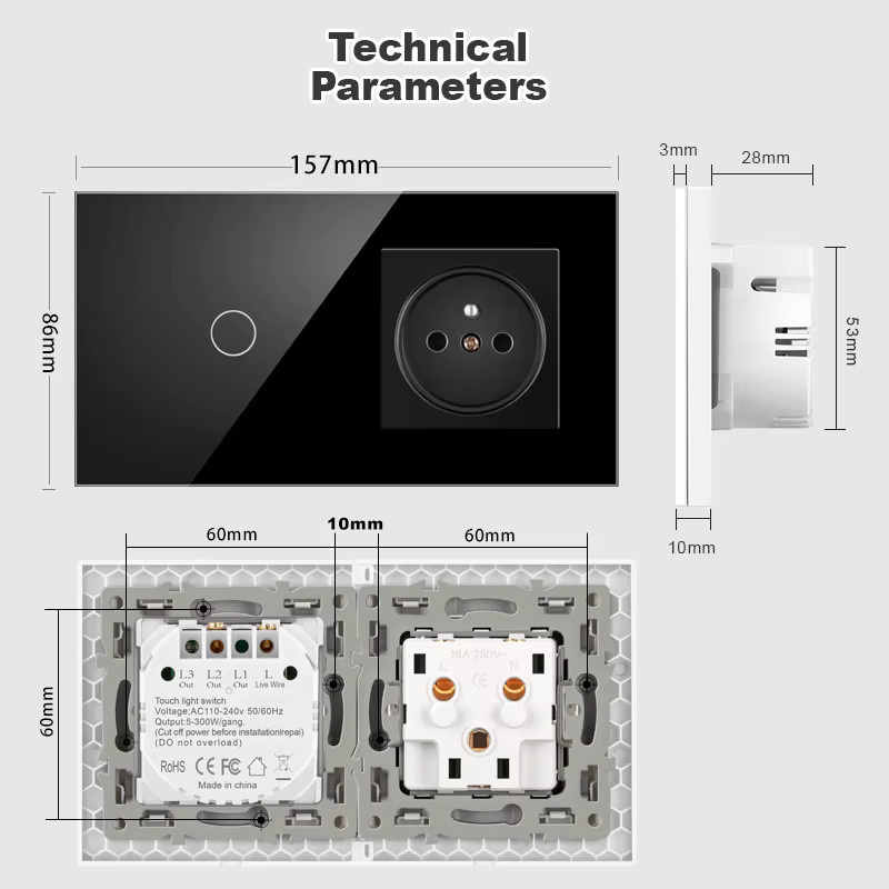 NYWP Touch-Lichtschalter und französische Steckdosen mit USB-C Ladegerät aus Kristallglas in Schwarz - Bild 4