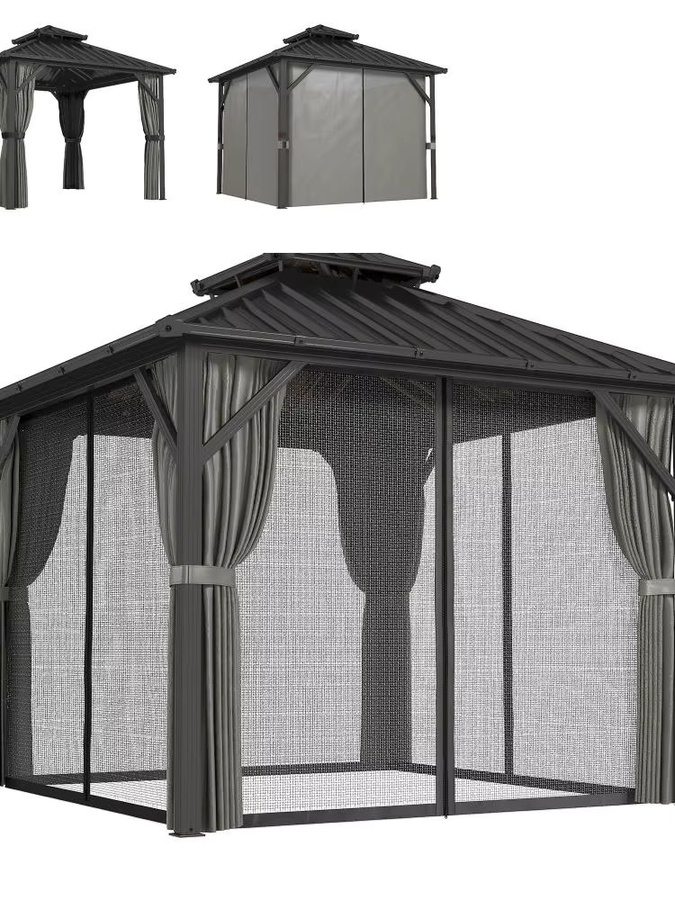 Outsunny Pavillon mit Aluminium-Rahmen und Doppel-Stahlblech-Dach in Grau, B/T: 300 x 300 cm, UPF50+ mit Vorhängen und Moskitonetzen - Bild 6