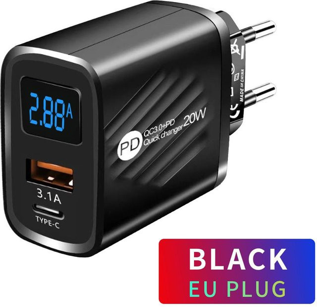 AlongChoice USB PD Ladegerät 20W mit Digital Display, USB-C Wandladegerät für iPhone, Samsung, Xiaomi und Huawei, EU-Stecker, schwarz - Bild 1