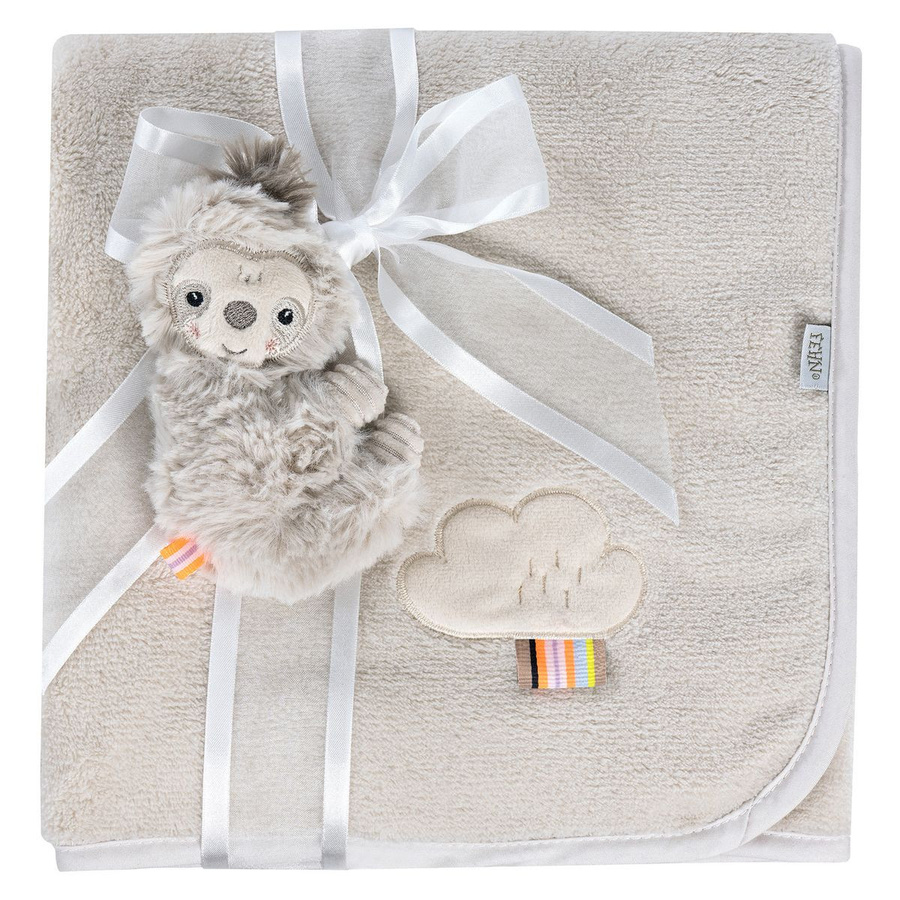 Fehn 2-teiliges Kuscheldecken-Set mit Greifling Faultier in Grau-Weiß, B x H: 75 x 100 cm - Bild 1