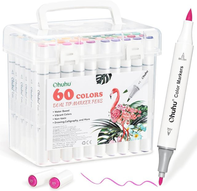 Ohuhu Wasserbasierte Kunstmarker mit 60 Farben, Doppelspitze Pinsel und Feinspitze für Illustrationen, Ausmalen und Journaling, Multicolour mit Etui - Bild 1