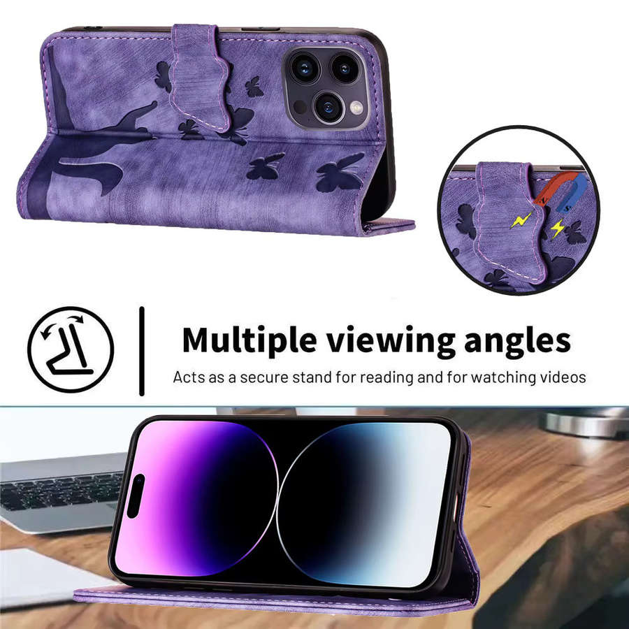 Schmetterling Katze Leder Handyhülle mit Brieftaschenfunktion und Standfunktion für Xiaomi und POCO Modelle in Rot und Lila - Bild 4