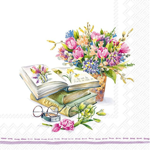 Serviette Spring Novels mit Blumenarrangement und Buchmotiv in Multicolor aus Papier, Breite: 33,0 cm, Höhe: 33,0 cm - Bild 1
