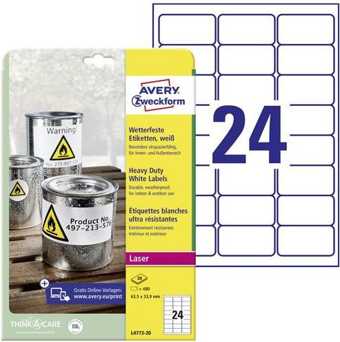 Avery Zweckform L4773-20 Laser Folien-Etiketten aus Kunststoff, Weiß, B: 63,5 mm, H: 33,9 mm, 20 Stück - Bild 1