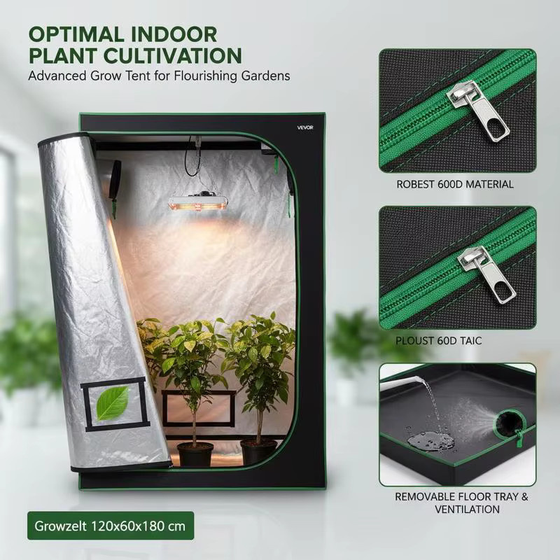 Pflanzzelt Growbox aus hochreflektierendem Mylar mit Sichtfenster, Bodenwanne und Reißverschluss für Indoor-Pflanzen, B/T/H: 120 x 60 x 180 cm - Bild 2