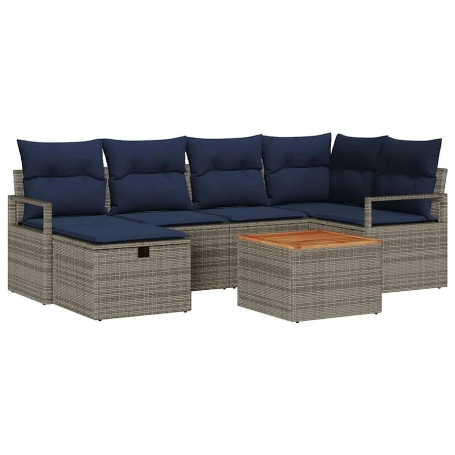 vidaXL Gartensofa-Set aus Poly-Rattan in Grau, 7-teiliges L-Shape Lounge-Set mit Kissen, Ottoman und Couchtisch inklusive Kissen-Stauraum - Bild 2