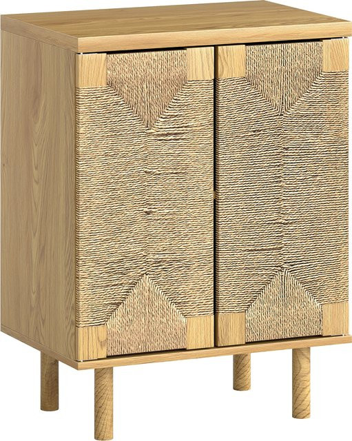 HOMCOM Anrichte im Boho-Stil mit 2 Türen und handgeflochtener Kordel, Wohnzimmer-Anrichte in Eiche mit verstellbarem Einlegeboden und Push-to-open, B/T/H: 60 x 40 x 78 cm - Bild 1