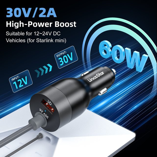 FONKEN 2-in-1 USB-Adapter für Starlink Mini, Autoladegerät für Zigarettenanzünder und Gleichstrom, Spannungserhöhungskabel 30V 2A, Schwarz - Bild 1
