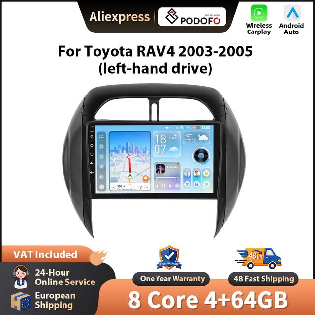 Podofo Autoradio für Toyota RAV4 2003-2005 mit kabellosem CarPlay, Android Headunit, GPS, WLAN und Bluetooth in Schwarz - Bild 1