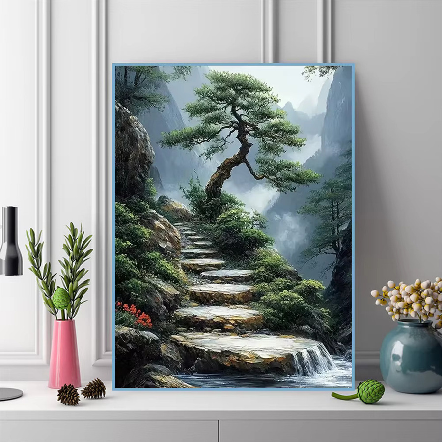 Momoart Diamant-Malerei Baum-Landschaft DIY Bastelset mit bunten Rund-Strasssteinen zur Heimdekoration B: 30,0 cm, H: 20,0 cm - Bild 3