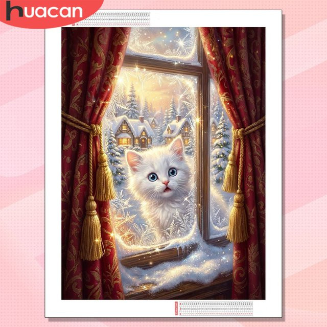 HUACAN 5D Diamant-Mosaik DIY Set Katze im Winter, Dekorative Wandmalerei in Multicolour, Breite: 30 cm, Höhe: 20 cm - Bild 1