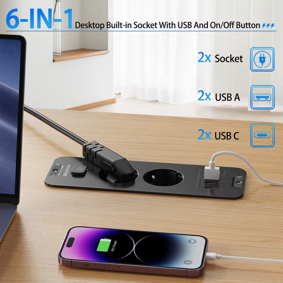 HITRENDS Desktop-Einbau-Steckdosenleiste mit 2/3 AC-Steckdosen, 2 USB-Anschlüssen und 2 USB-Typ-C-Ladeadaptern, 2m Verlängerungskabel, Weiß oder Schwarz - Bild 2