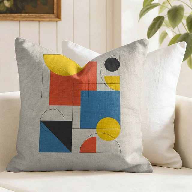 qxzy Kissenbezug Bauhaus Geometrische Kunst in Grau, Beidseitiger Druck aus Leinen-Stoff, B/H: 45 x 45 cm - Bild 1