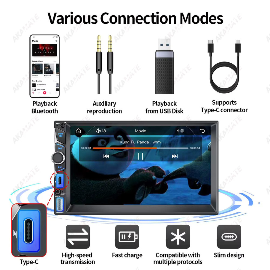 AKAMATE 7 Zoll Autoradio mit WinCE System, MP5-Player, Bluetooth, CarPlay und Android Auto, Schwarz - Bild 4