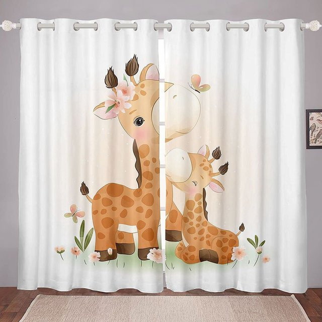 Yiran Furniture Verdunkelungsvorhänge mit Giraffen-Motiv für Kinder, weiß, B: 55 cm, H: 185 cm - Bild 1