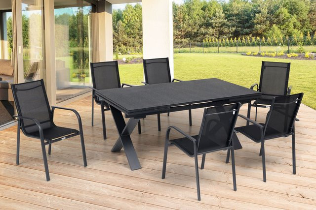 OUTFLEXX Garten-Essgruppe aus Aluminium und Textil in Anthrazit Matt mit ausziehbarem Tisch und 6 stapelbaren Sesseln, Tisch B: 180 bis 280 cm, B: 100 cm, H: 78 cm - Bild 1