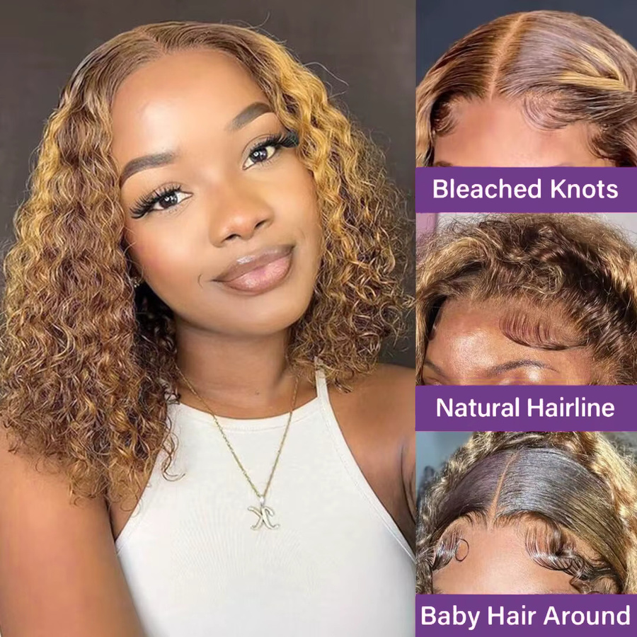 mayfive Bob-Perücke, tief lockig, Echthaar, 220 % Dichte, Highlight Brown - Bild 4