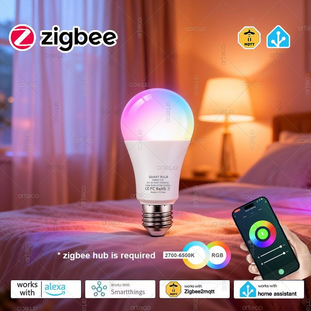 Arteco Zigbee 3.0 LED-Glühbirne E27 RGBCW 15W Intelligente Lampe mit Sprachsteuerung über Alexa und Unterstützung für Zigbee2MQTT in Multicolour und Weiß - Bild 1