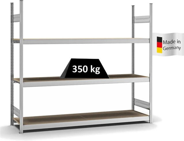 PROREGAL Weitspannregal Stecksystem T-Profil mit 3 Ebenen Spanplatten Fachböden, verzinkt, Farbe: Silber, H x B x T: 200 x 225 x 50 cm - Bild 1