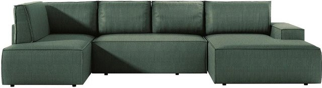 Vente-unique Schlafsofa Amelia in Grün mit Cord-Bezug und L-Form - Bild 1