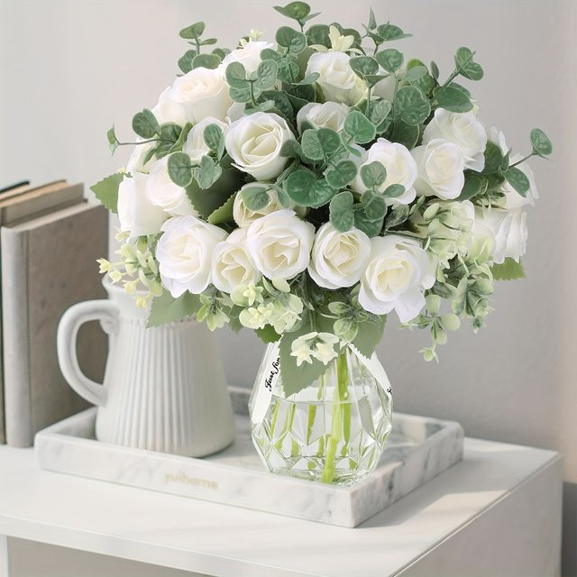 TTCY Künstliche Seidenrosen mit zehn Köpfen in Orange und Weiß für Hochzeit und Garten Dekoration - Bild 1