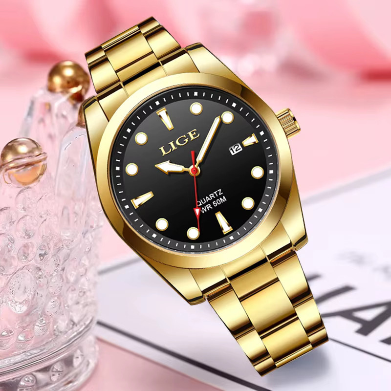 LIGE Armbanduhr Edelstahl, Gold, Quarz, Damen, Leuchtzeiger - Bild 2