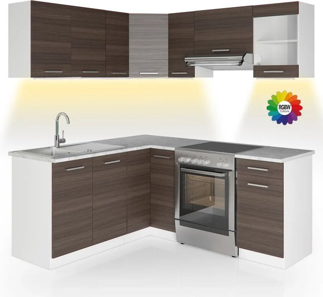 Vicco Eckküche Rick in Weiß und Edelgrau mit Marmor-Optik und LED-Leisten, B: 187 cm, T: 167 cm - Bild 1