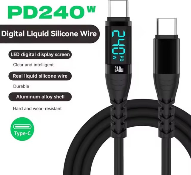 VBNM Silikon USB-C zu Typ-C Schnellladekabel mit Digital-Display, 240W, Weiß - Bild 1