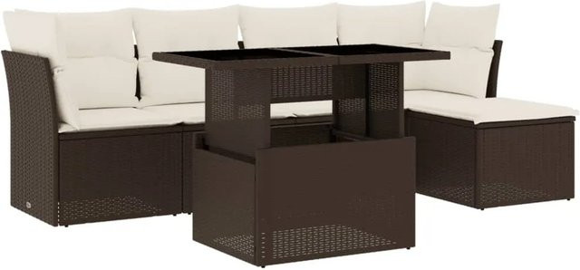 vidaXL 6-tlg Garten-Sofagarnitur in L-Form aus braunem Poly-Rattan mit UV-beständigen Kissen und Metallrahmen - Bild 1