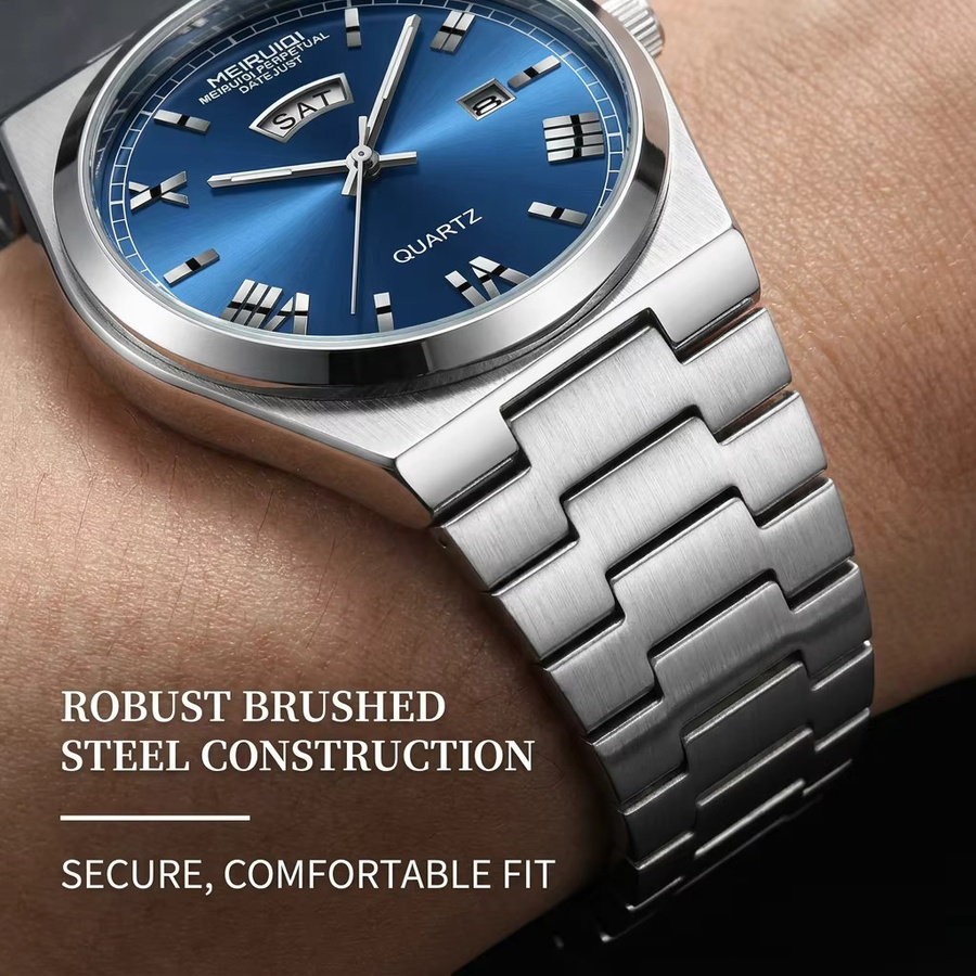 MEIRUIQI Armbanduhr, Quarz, blaues Zifferblatt, Edelstahl, Herren - Bild 3