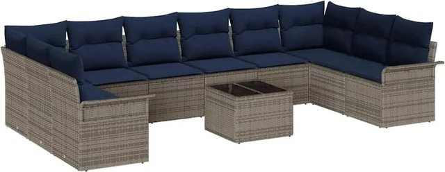 vidaXL Gartensofa-Set aus Poly-Rattan in Grau mit 11-teiligem Polster-Set, L-Form mit Eckelement, Ottoman und Couchtisch - Bild 1