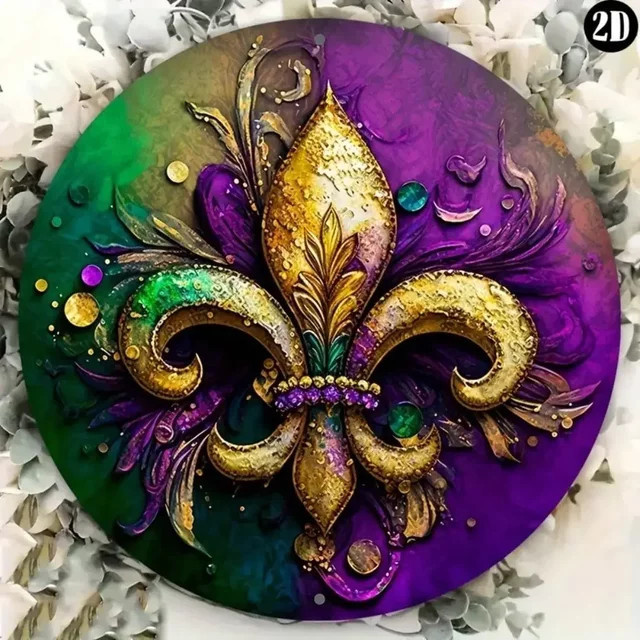 Rundes Fleur De Lis Mardi Gras Kranzschild aus Aluminium von Potdemiel in Lila zur Wanddekoration für Halloween und Weihnachten, Durchmesser: 20 cm - Bild 1
