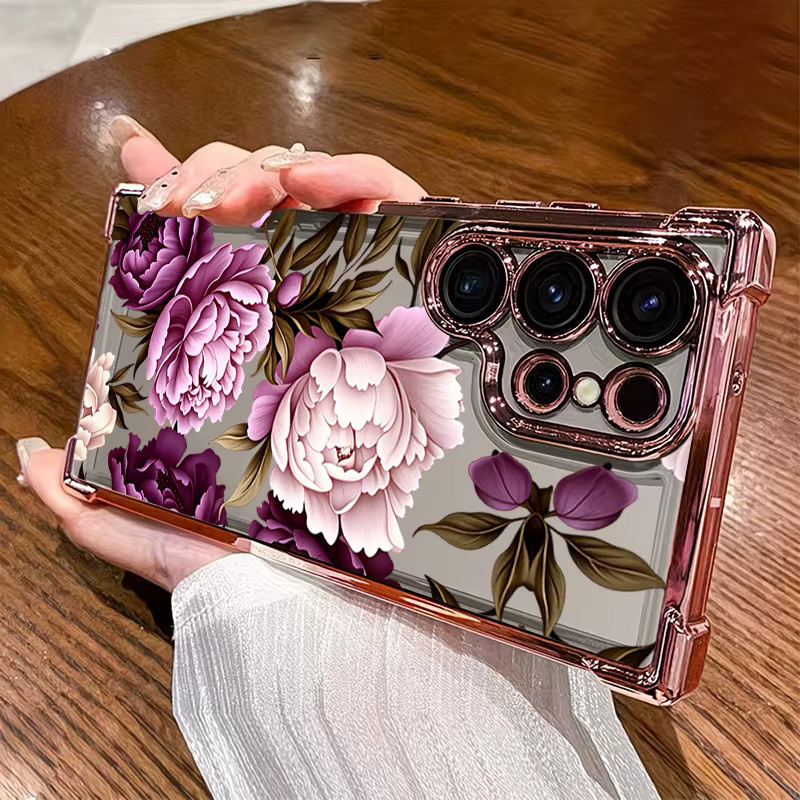 Handyhülle mit lila Pfingstrosen-Muster für Samsung Galaxy S26 S25 S24 Ultra S23 S22 Plus S21 FE A36 A55 A54 A34 A35 A53 A52 5G in Lila und Schwarz - Bild 3