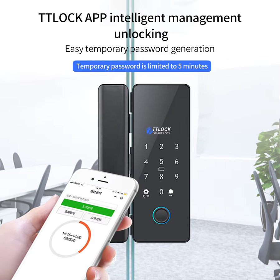 LUCKING DOOR Smart Lock für Glastüren und Holztüren, WLAN, biometrisches Fingerabdruckschloss mit TTLOCK, digitales elektronisches Türschloss, schwarz, bohrfrei - Bild 2