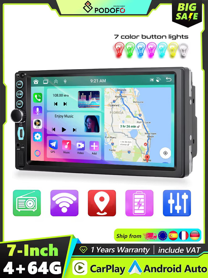 Podofo Universal Autoradio mit 7 Zoll Display, 4+64G Speicher, Carplay, Mirror Link und Rückfahrkamera Unterstützung in Schwarz - Bild 4